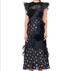 Rebecca Taylor Midi Dress Black Ruffle-Trim Velvet & Floral Jacquard